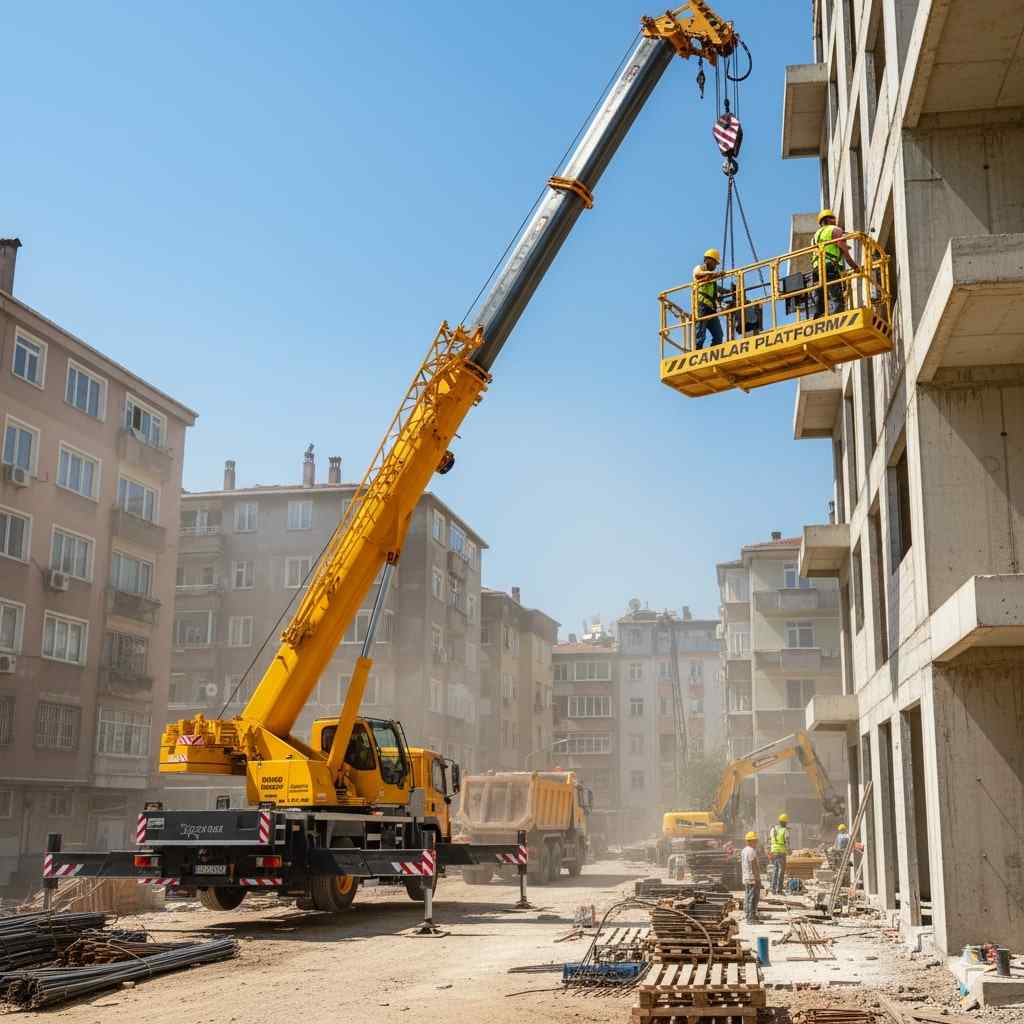 Güngören Haznedar inşaat sahasında sepetli vinç çalışması