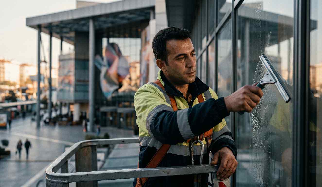 Sepetli vinç erişimiyle yapılan dış cephe temizliği