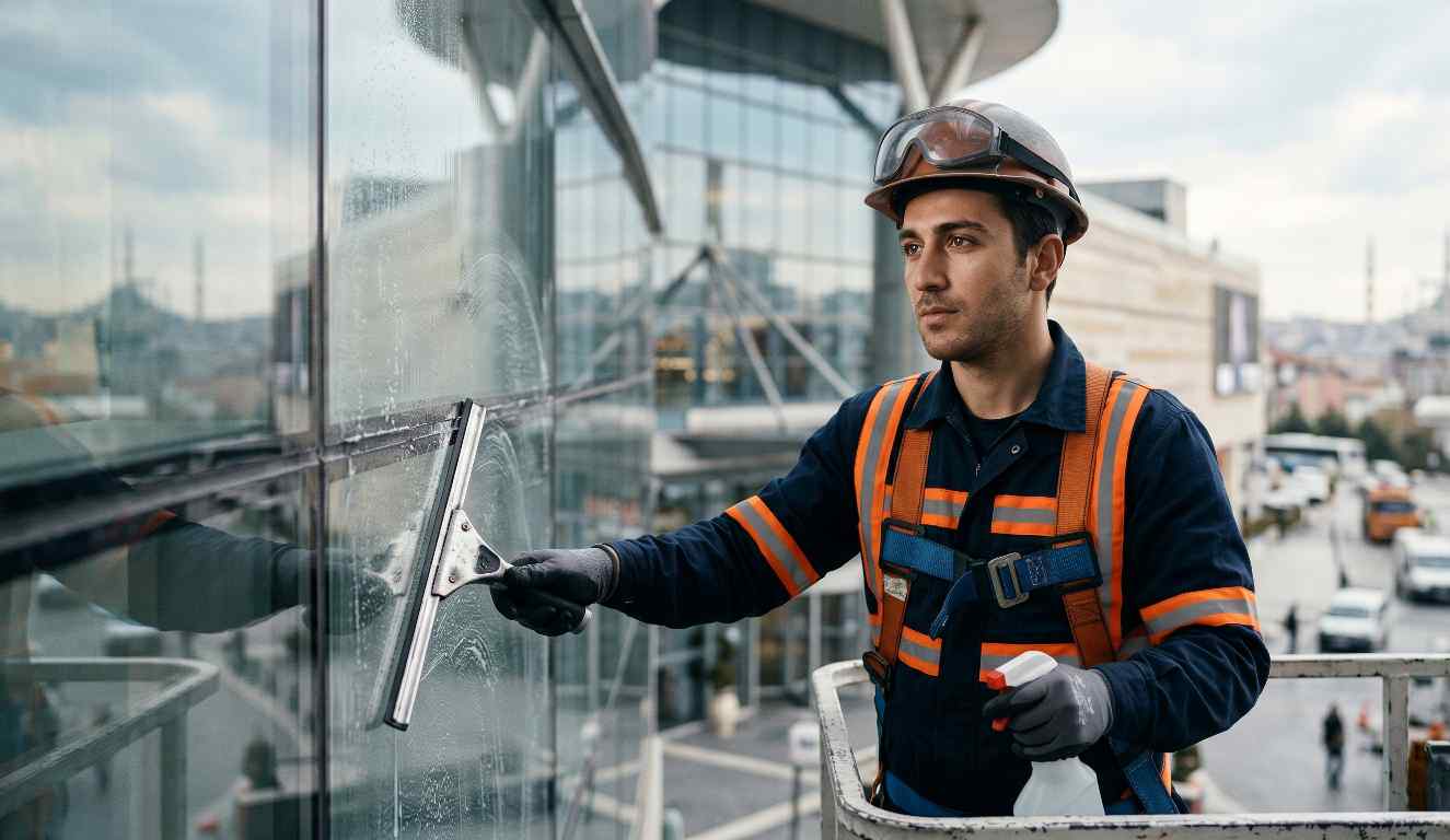 Sepetli vinç kullanımı ile profesyonel dış cephe temizliği