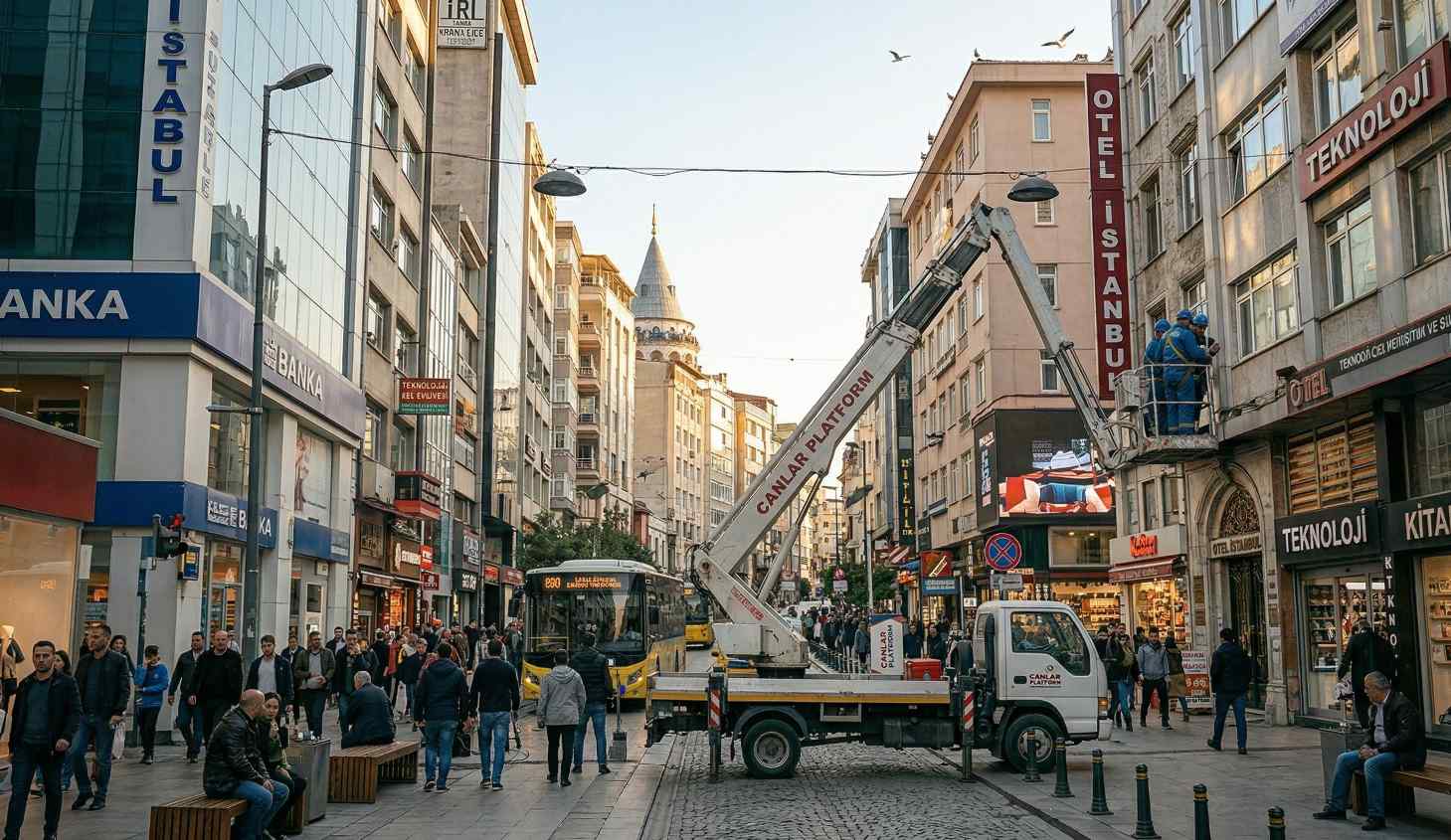 Sepetli vinçle yapılan dış cephe temizliği çalışması