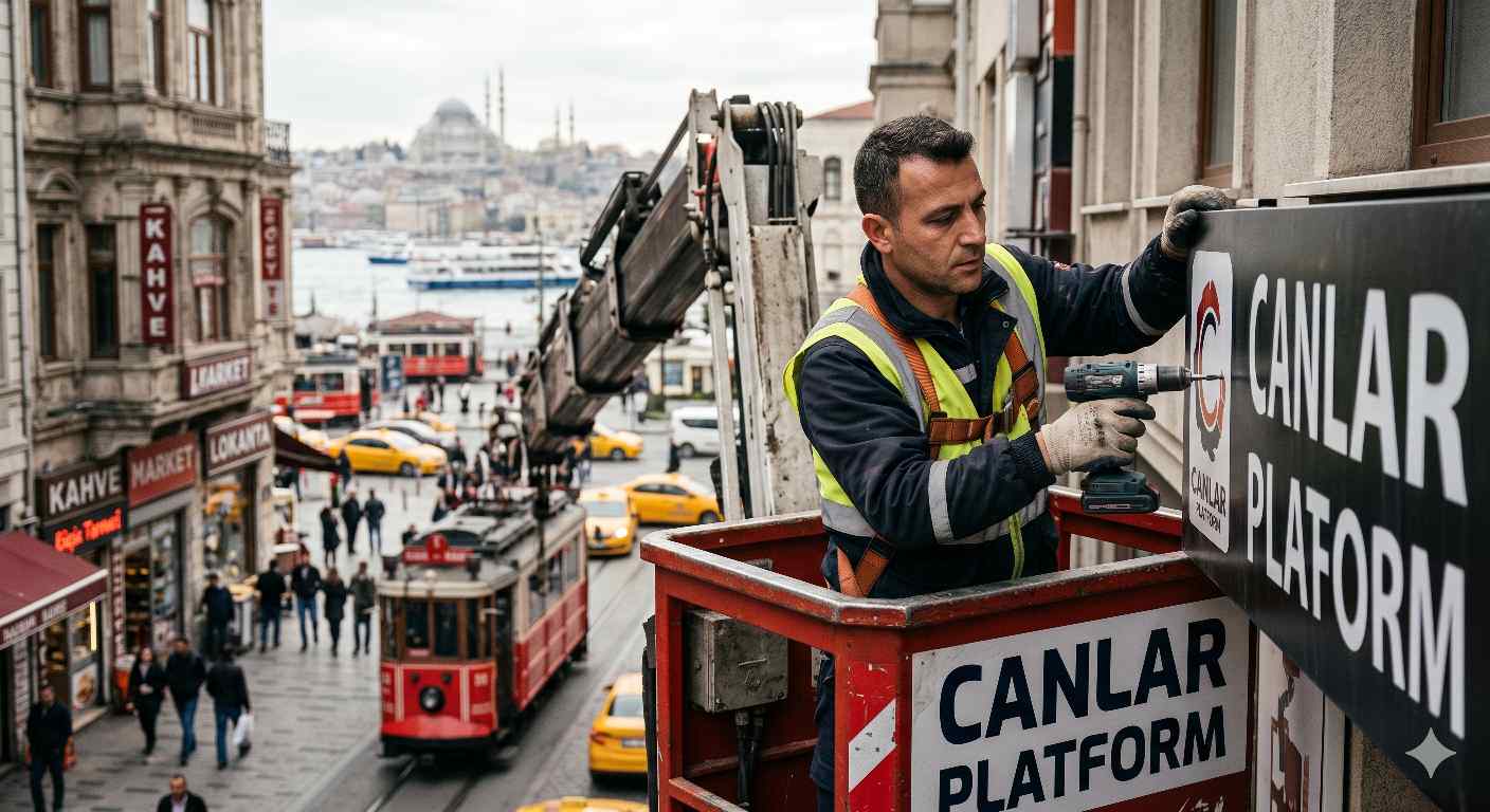 Reklam tabela montajında sepetli vinç kullanımı