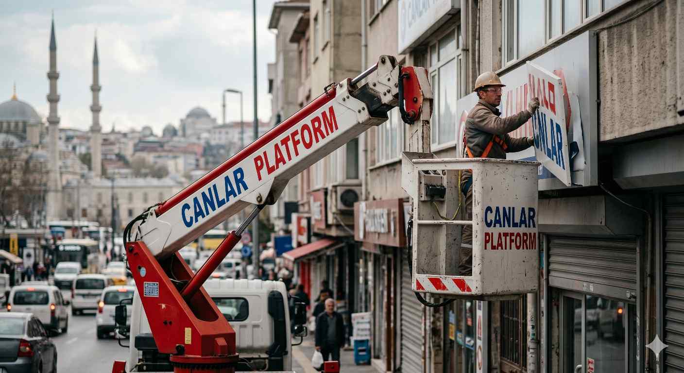 Sepetli platform vinçle tabela montajı