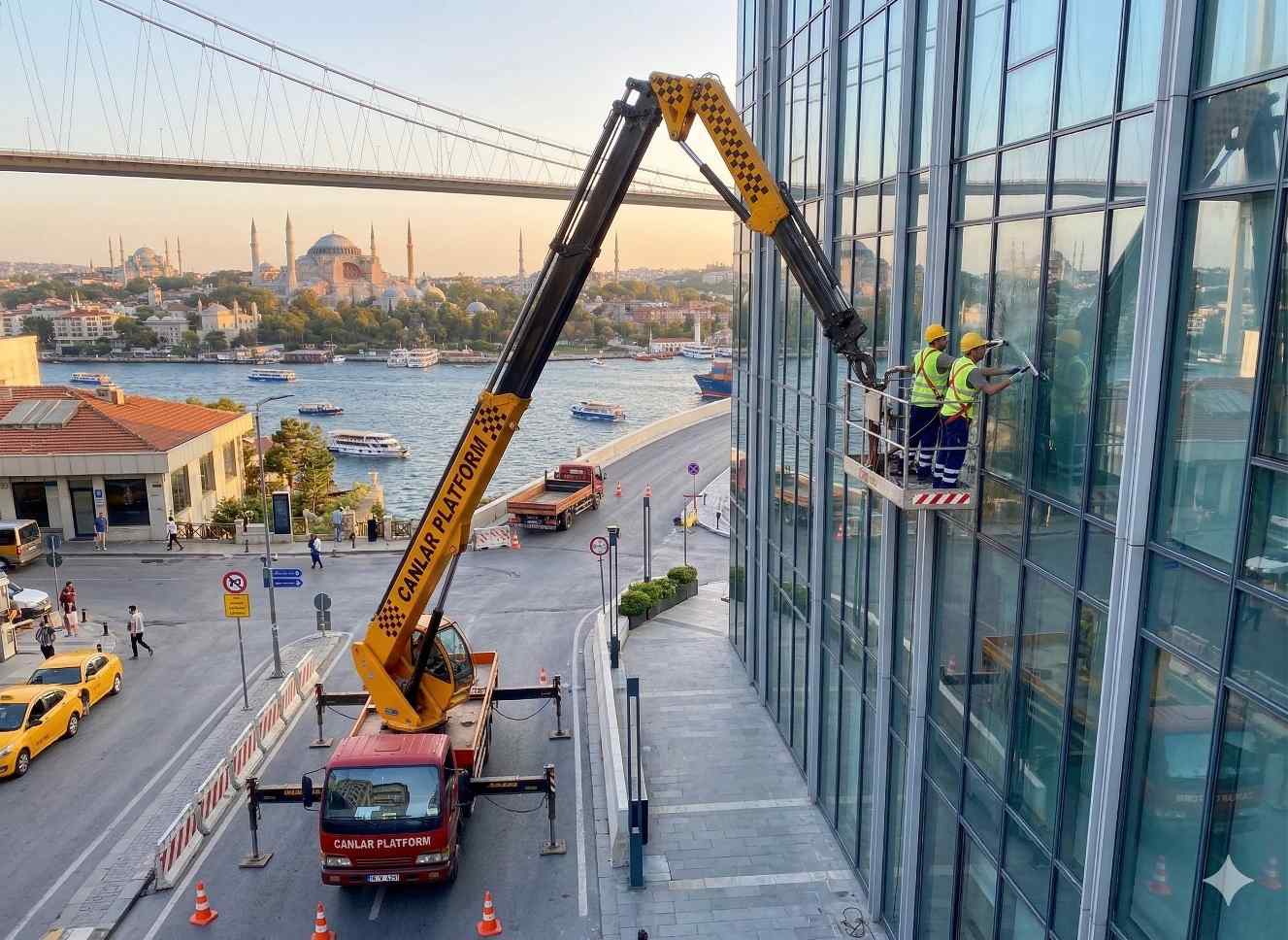 Sepetli vinç ile yapılan dış cephe temizliği