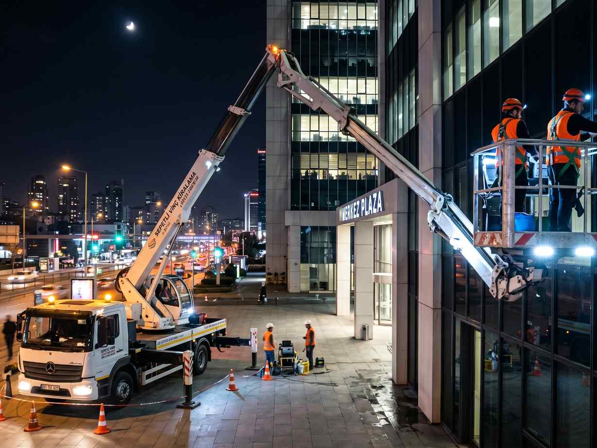 Sepetli vinçle gece yapılan dış cephe temizliği