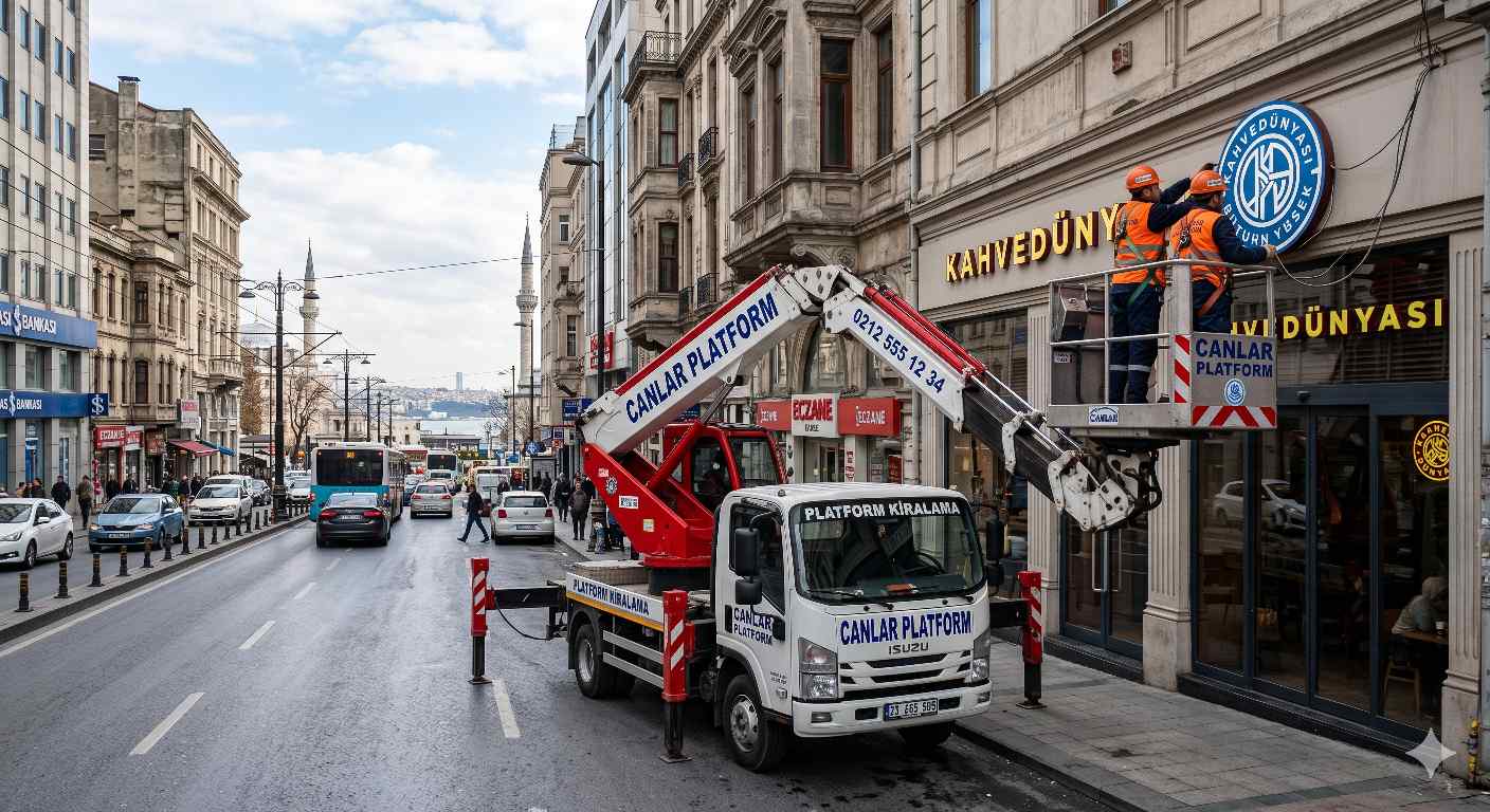 Sepetli vinçle reklam montaj çalışması
