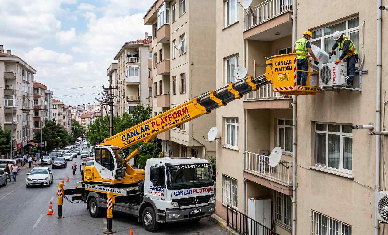 Klima dış ünite montajında sepetli vinç kullanımı