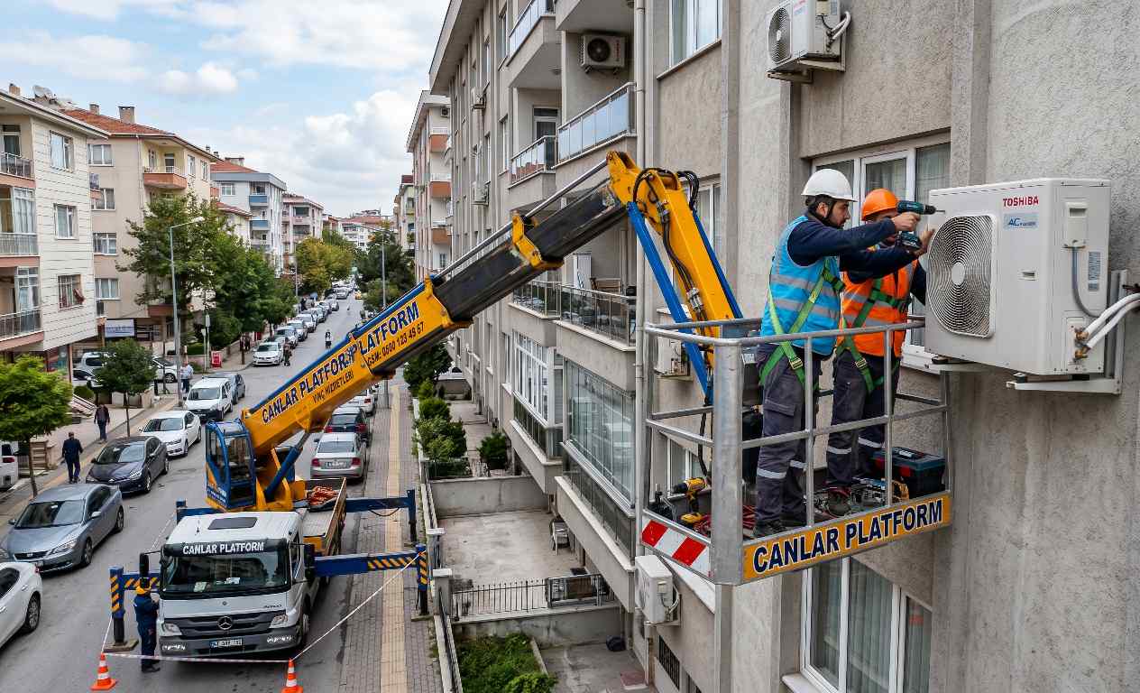 Klima montajında kullanılan sepetli vinç