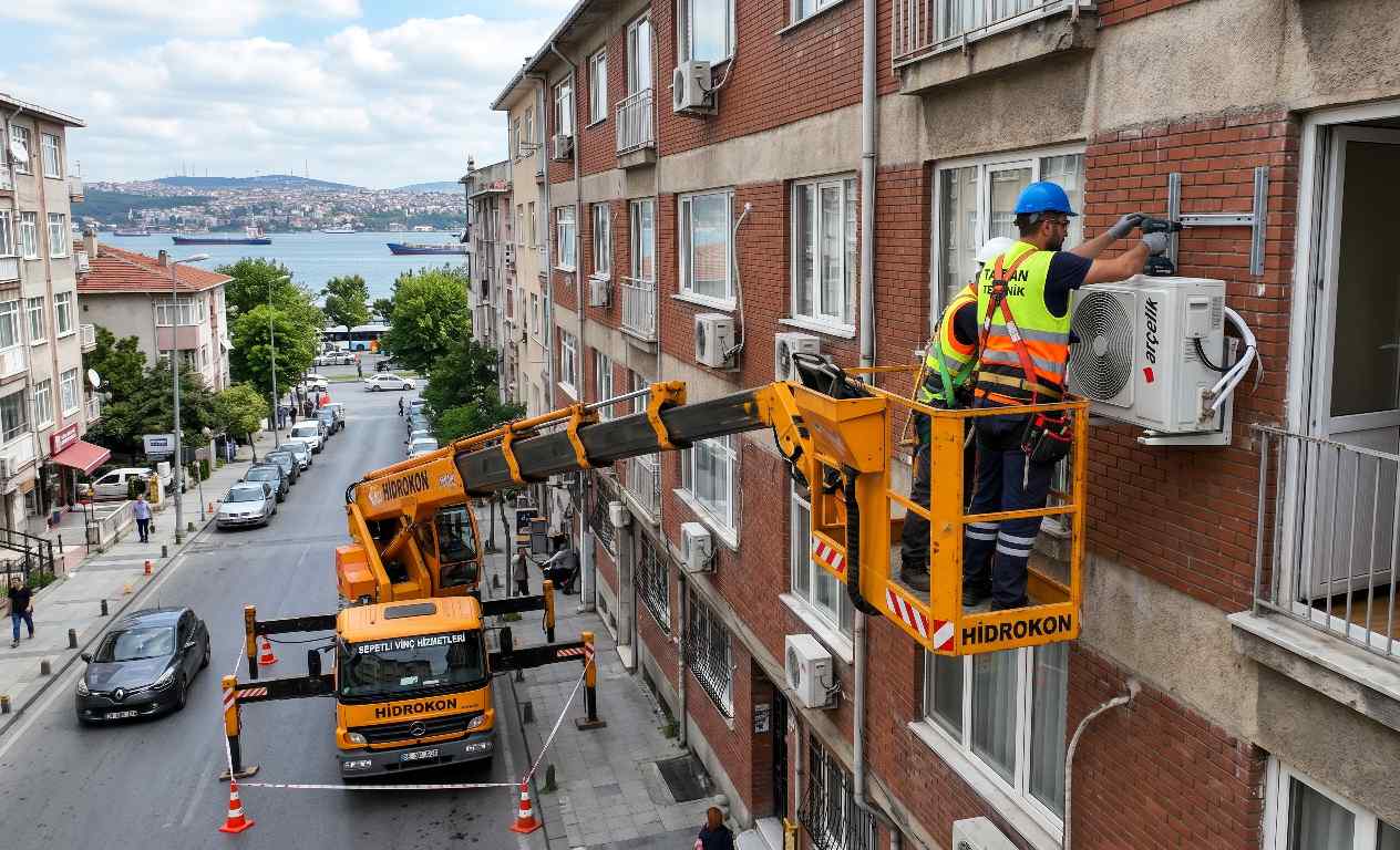 Sepetli vinç erişimi ile klima montajı çalışması
