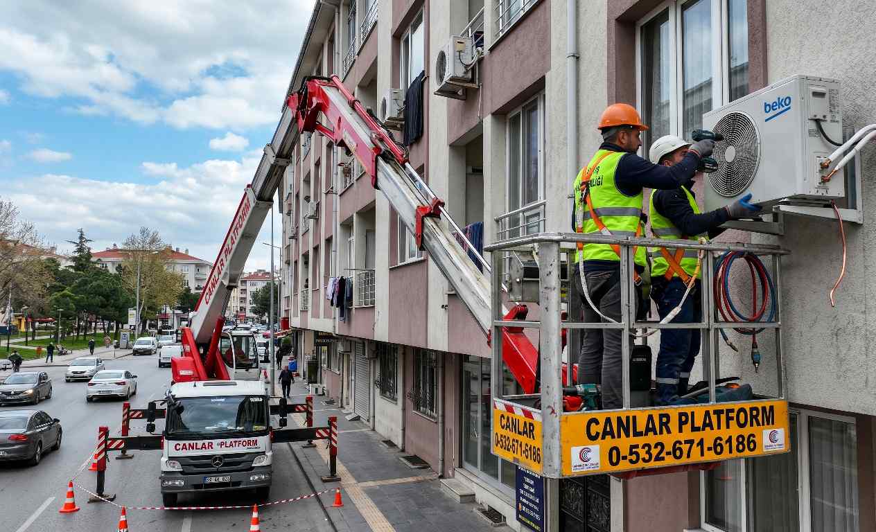 Sepetli vinç ile klima dış ünite montajı