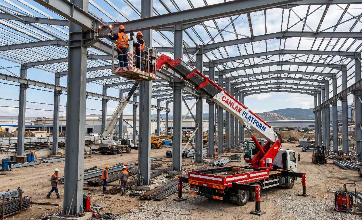 Sepetli vinçle çelik konstrüksiyon montajı