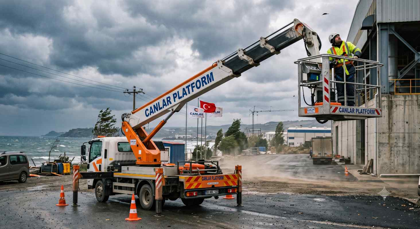 Rüzgarlı hava koşullarında sepetli vinç operasyonu