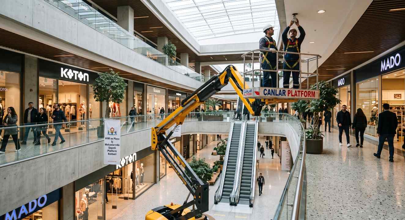AVM iç mekanda sepetli platform ile yapılan bir onarım çalışması