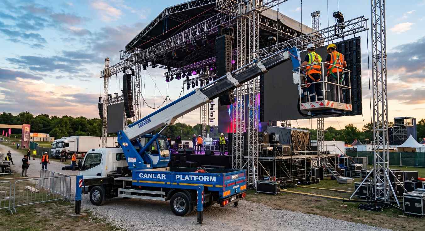 Sepetli vinçle konser sahnesi kurulumu