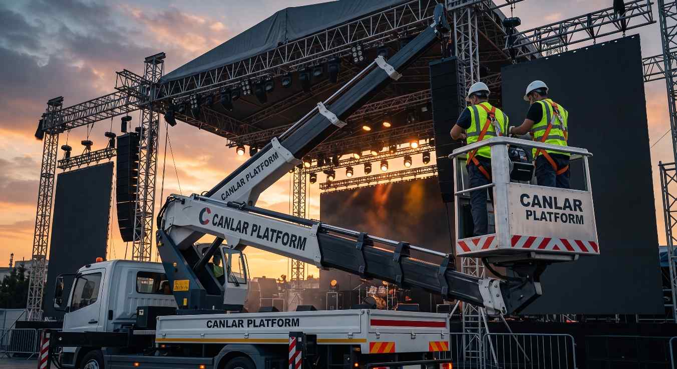 Sepetli vinçle konser etkinliği sahne kurulumu