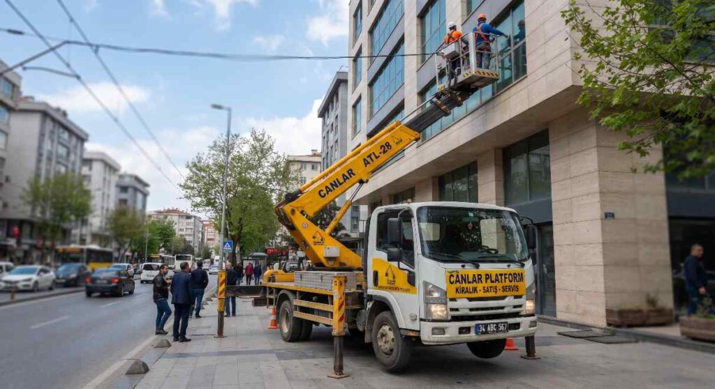 Canlar Platform sepetli aracı bina önünde; Vinç Operasyonlarında Kaldırma Planı Nasıl Hazırlanır? rehberi görseli