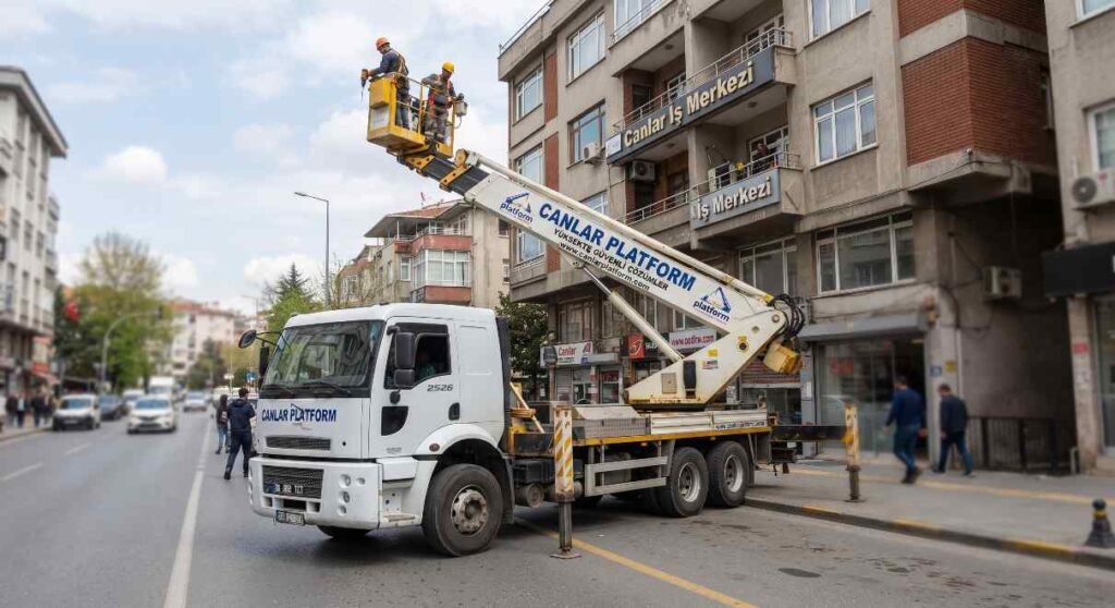 Canlar Platform sepetli aracı bina önünde; Mobil Vinç Kurulumunda Zemin Taşıma Kapasitesi rehberi görseli