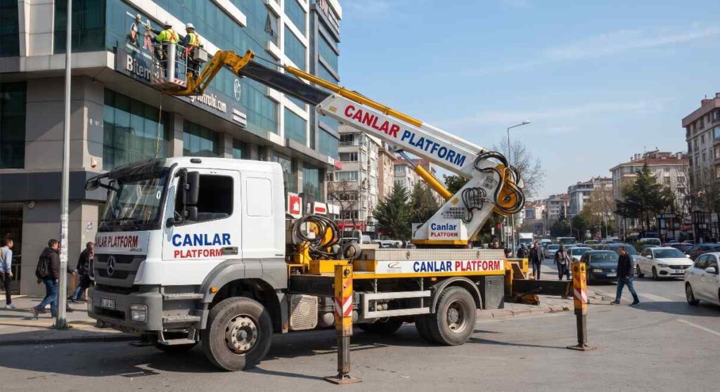 Canlar Platform sepetli aracı bina önünde; Elektrik Hatları Yakınında Vinç Kullanımında Güvenlik rehberi görseli