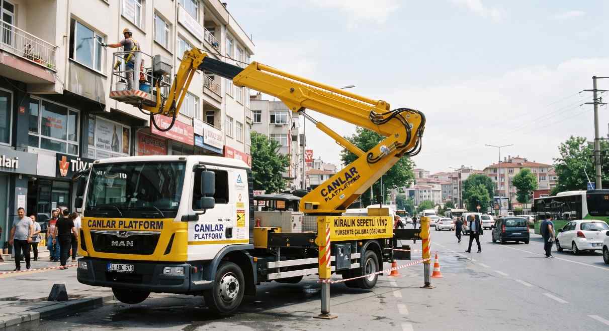 Canlar Platform sepetli çalışma aracı sokakta; Vinçte İşaretçi ve Sapancı Görevleri Nelerdir? yazısı görseli