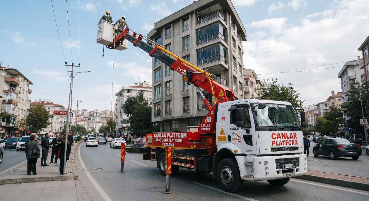 Canlar Platform sepetli çalışma aracı sokakta; Vinç Operasyonlarında Sapan, Kanca ve Mapa Seçimi yazısı görseli