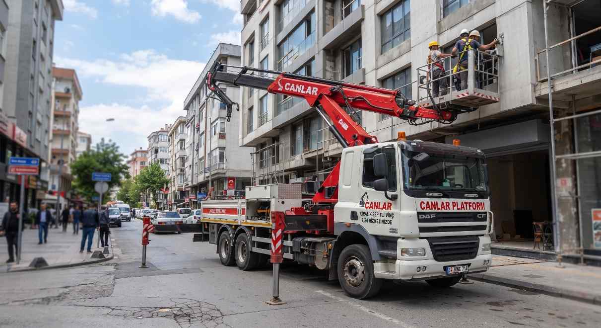 Canlar Platform sepetli çalışma aracı sokakta; Vinçlerde Destek Ayağı Kullanımı ve Doğru Kurulum yazısı görseli