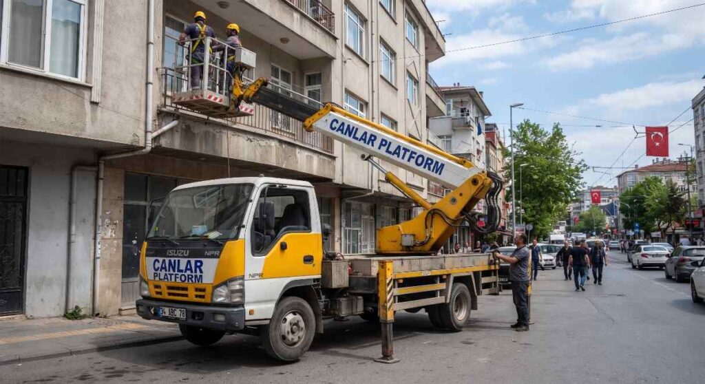 Canlar Platform sepetli aracı bina önünde; Vinçlerde Destek Ayağı Kullanımı ve Doğru Kurulum rehberi görseli