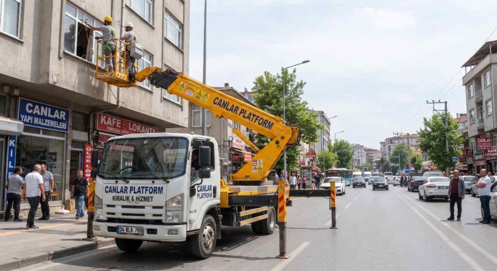 Canlar Platform sepetli aracı bina önünde; Dar Sokaklarda Vinç Kiralama Nasıl Planlanır? rehberi görseli