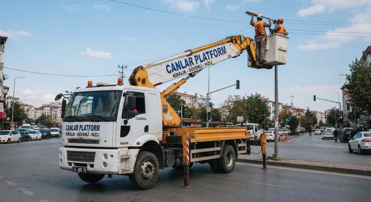 Canlar Platform sepetli çalışma aracı sokakta; Kiralık Vinçlerde Periyodik Kontrol ve Bakım Rehberi yazısı görseli