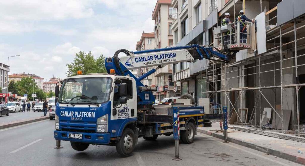 Canlar Platform sepetli aracı bina önünde; Kiralık Vinçlerde Periyodik Kontrol ve Bakım Rehberi rehberi görseli