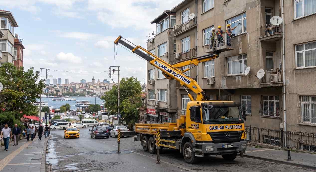 Canlar Platform sepetli aracı İstanbul sokak cephesinde, Cephe Derz Onarımında Sepetli Vinç Kullanımı