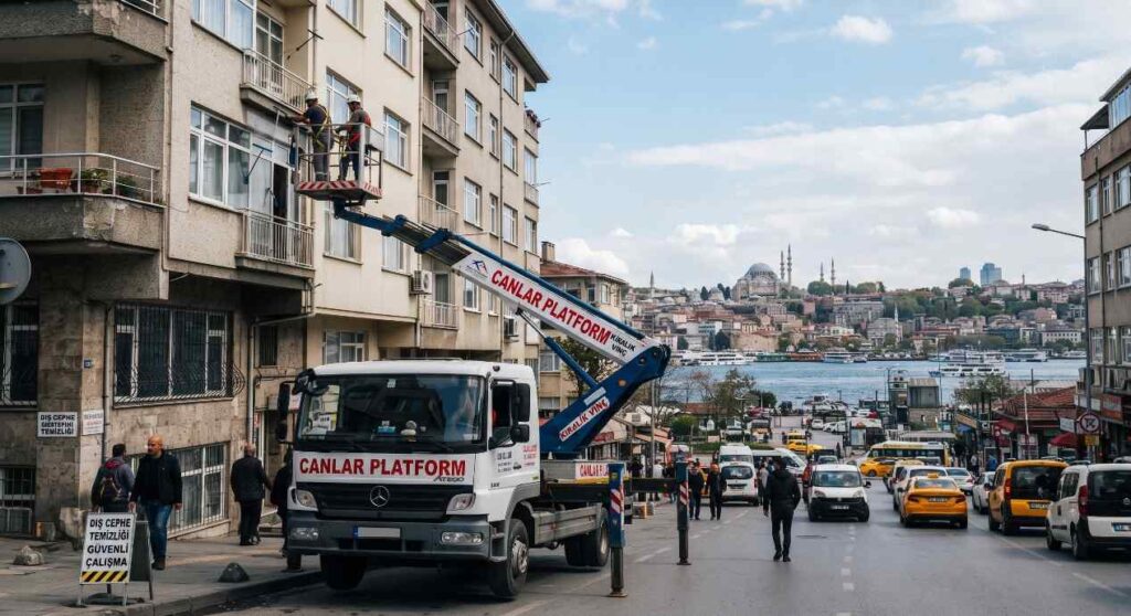 Canlar Platform personel sepeti bina cephesinde, Cephe Derz Onarımında Sepetli Vinç Kullanımı