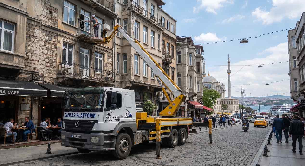 Canlar Platform sepetli aracı İstanbul sokak cephesinde, Kompozit Cephe Paneli Onarımında Sepetli Vinç