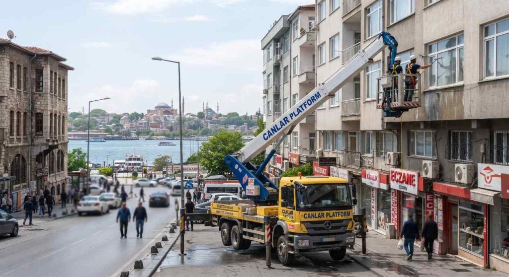 Canlar Platform personel sepeti bina cephesinde, Kompozit Cephe Paneli Onarımında Sepetli Vinç