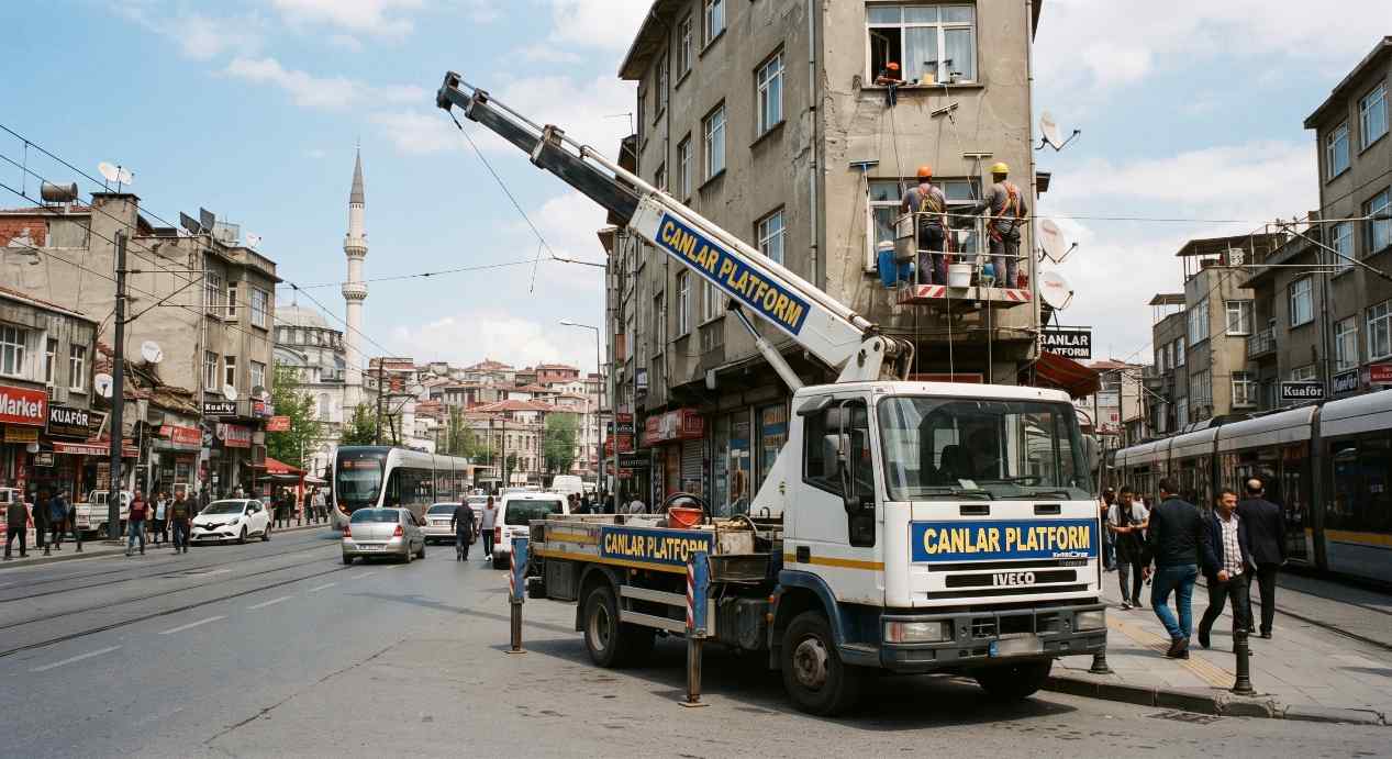 Canlar Platform sepetli aracı İstanbul sokak cephesinde, Mimari Aydınlatma Montajında Sepetli Vinç