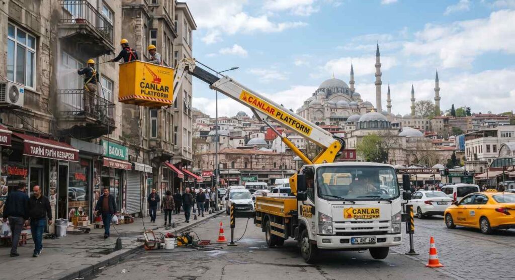 Canlar Platform personel sepeti bina cephesinde, Mimari Aydınlatma Montajında Sepetli Vinç