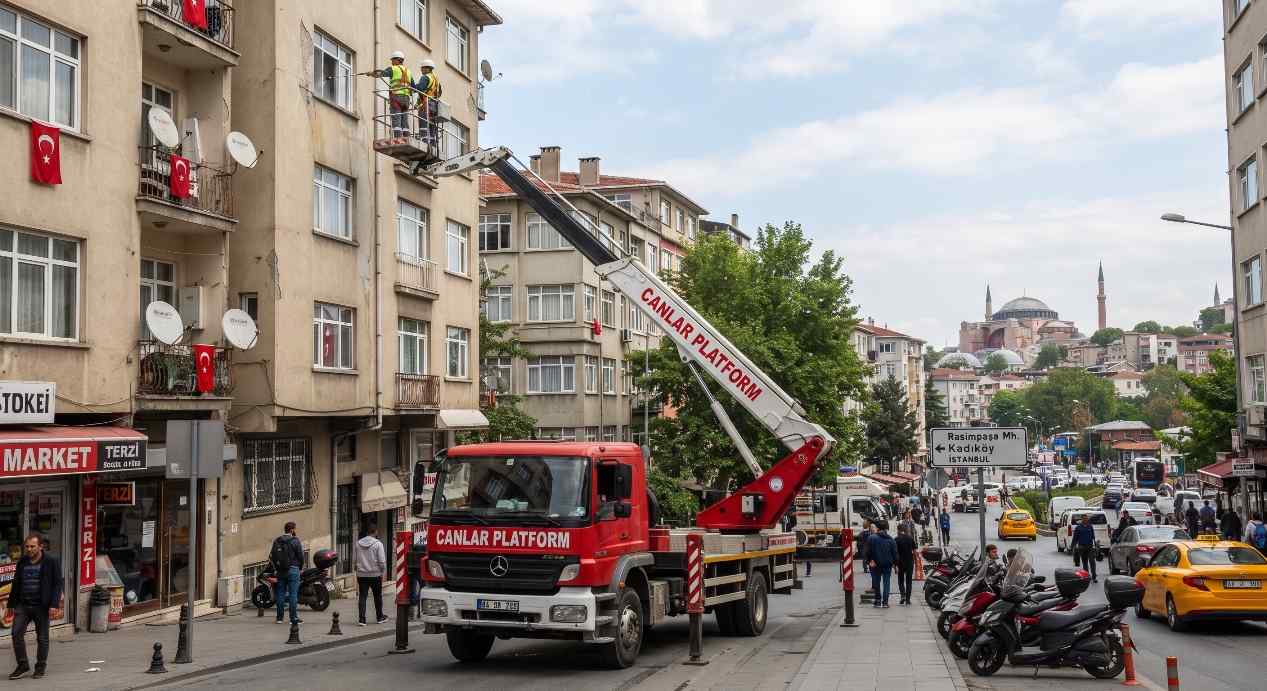 Canlar Platform sepetli aracı İstanbul sokak cephesinde, Güvenlik Kamerası Montajında Sepetli Vinç
