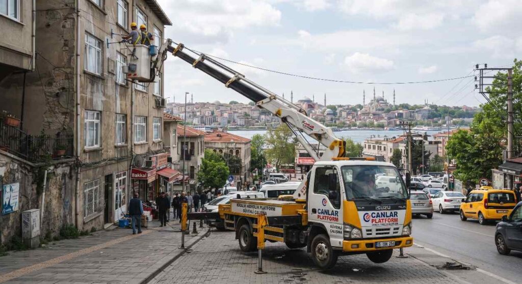 Canlar Platform personel sepeti bina cephesinde, Güvenlik Kamerası Montajında Sepetli Vinç