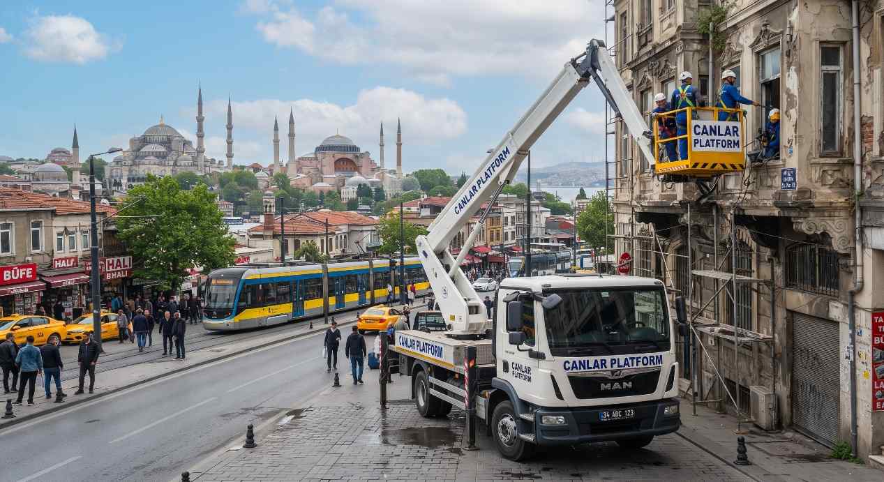 Canlar Platform sepetli aracı İstanbul sokak cephesinde, Yağmur İniş Borusu Onarımında Sepetli Vinç