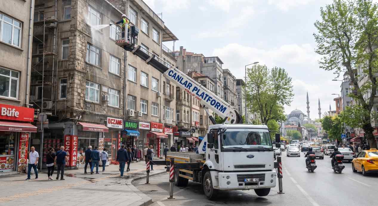 Canlar Platform sepetli aracı İstanbul sokak cephesinde, Otel Dış Cephe Bakımında Sepetli Vinç Planı