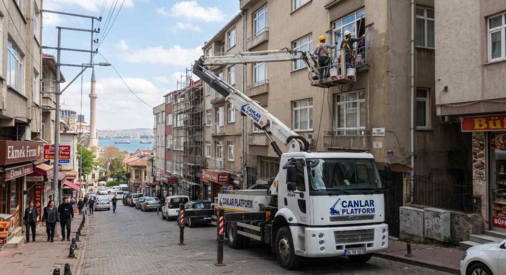 Canlar Platform personel sepeti bina cephesinde, Otel Dış Cephe Bakımında Sepetli Vinç Planı