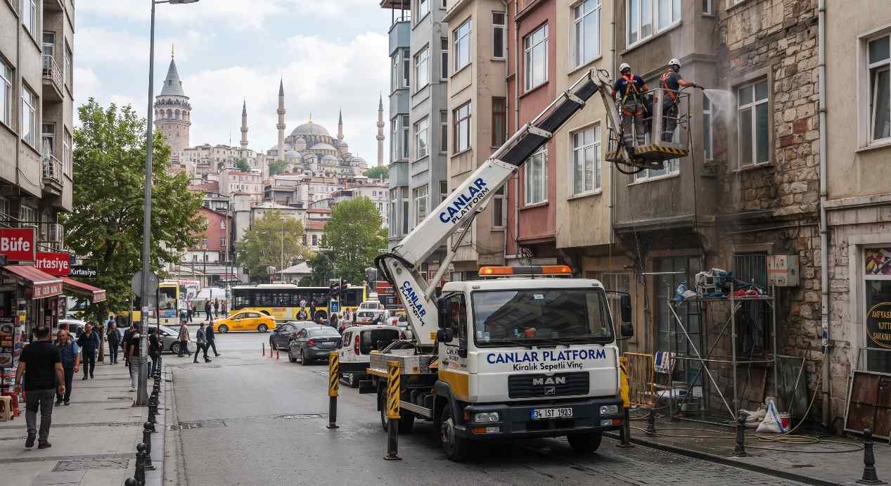 Canlar Platform sepetli aracı İstanbul sokak cephesinde, Dış Cephe Cam Değişiminde Sepetli Vinç Planı