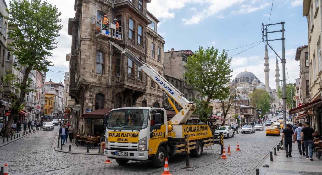 Canlar Platform personel sepeti bina cephesinde, Dış Cephe Cam Değişiminde Sepetli Vinç Planı