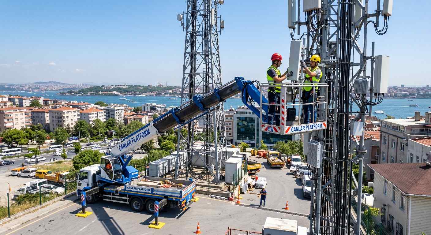 Sepetli vinç erişimiyle baz istasyonu montajı çalışması