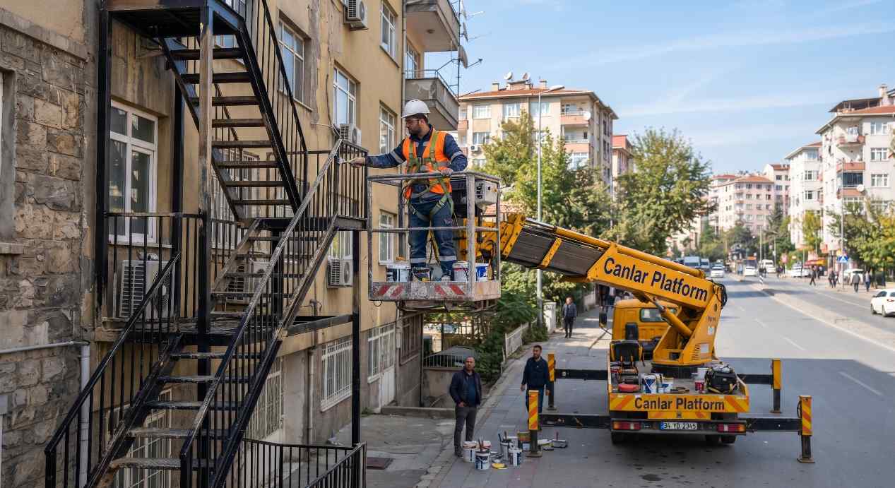 Sepetli vinçle yangın merdiveni boyama çalışmaları
