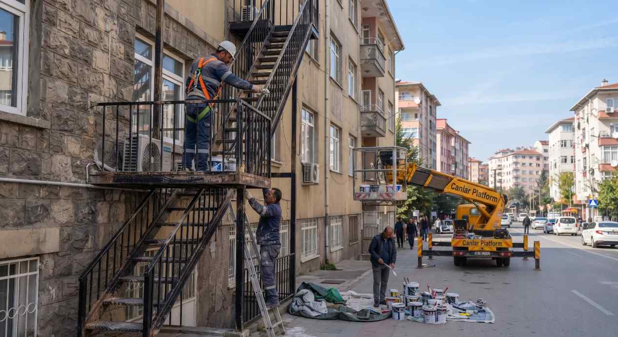 Yangın merdiveni bakımında sepetli vinç kullanımı